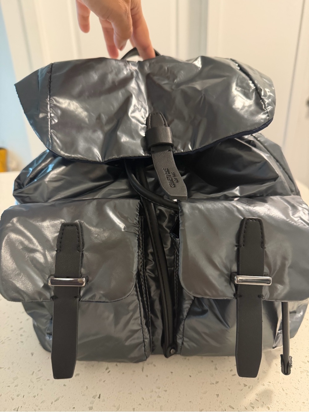Kenneth Cole NY The Vesey Puffy Nylon Drawstring Backpack - Metallic Gray